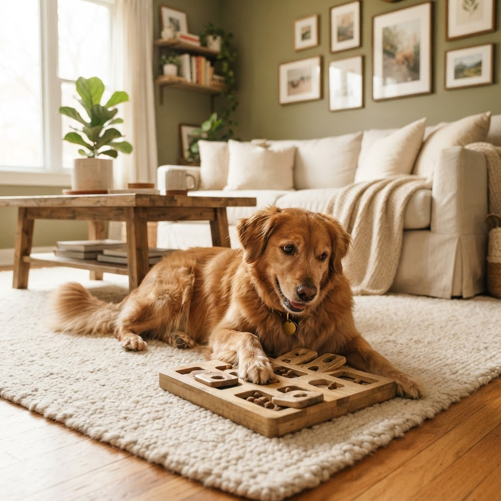 A happy dog enjoying an enrichment puzzle toy